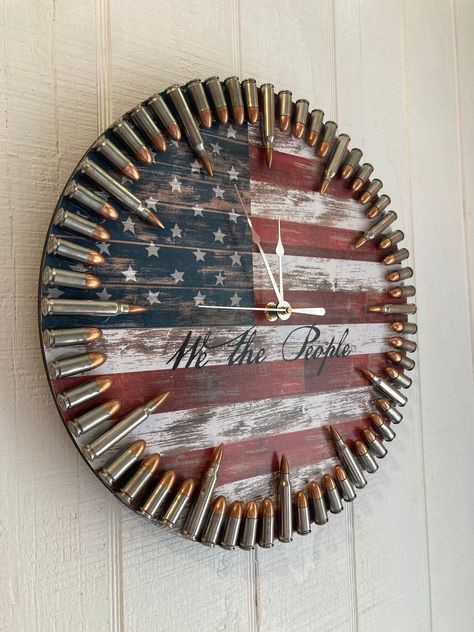 Patriotic we the People Flag Bullet Clock - Etsy Patriotic Man Cave, Patriotic Room Decor, Shop Projects High School, Welding Projects To Sell, Diy Crafts For Men, We The People Flag, Crafts For Men, American Flag Diy, Shotgun Shell Crafts