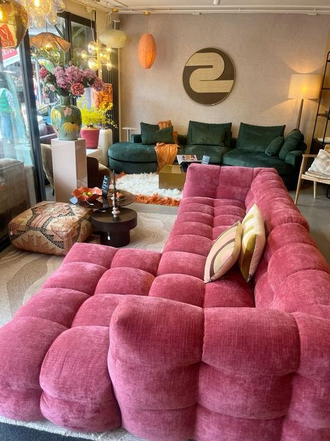 Pink Couch Aesthetic, Funky Couch, Conversation Pit Living Room, Eclectic Couch, Fun Couch, Funky Sofa, Furniture List, Basic Aussie, House Aesthetics