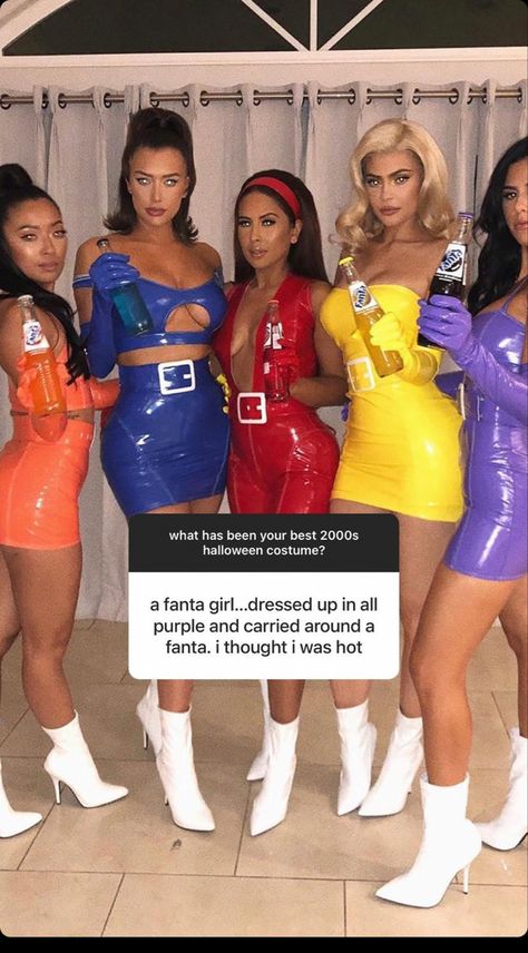 Fanta Halloween Costumes, Soda Costumes Halloween, Soda Pop Halloween Costumes, Soda Halloween Costumes, Halloween Costume Austin Powers, Soda Costume, Fanta Girls Costumes, Britney Spears Group Costume, Spice Girls Halloween Costume Group