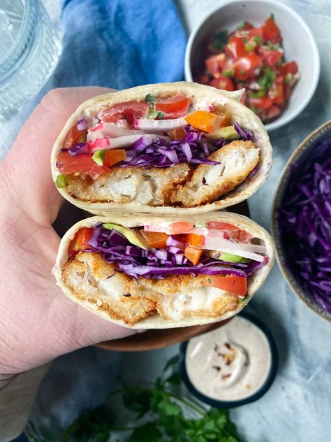 Fish Burritos, Fish Burrito, Burrito Ingredients, Breaded Fish, Baja Fish Tacos, Burrito Recipe, Fish Wrap, Breaded Shrimp, Sour Cream Sauce