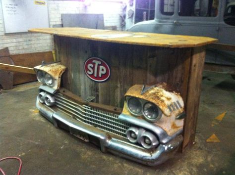 Re-purposed car front end.  Very cool!  Think I'll make one for the patio! Car Bar, Car Part Furniture, Automotive Furniture, Car Furniture, Automotive Decor, Garage Gym, Man Caves, Garage Bar, Man Cave Bar