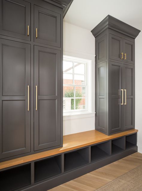 Charcoal Mudroom, Mudroom With Window In Middle, Farmhouse Mud Room, Mudroom Cabinet, Room Nook, Mudroom Cabinets, Cabinets And Shelves, Benjamin Moore Gray, English Farmhouse