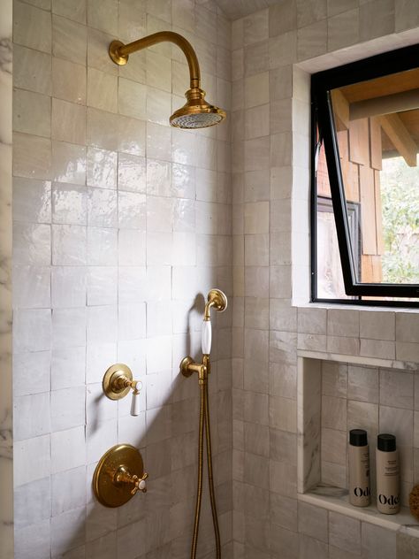 Hotel Vibes at Home: A Serene Primary Bathroom that Goes Beyond a Singular Style | Rue English Country Bathroom, Zellige Tile Bathroom, Bernard Maybeck, Craftsman Bathroom, Serene Bathroom, Primary Bathroom, Shower Niche, Mill Valley, Zellige Tile