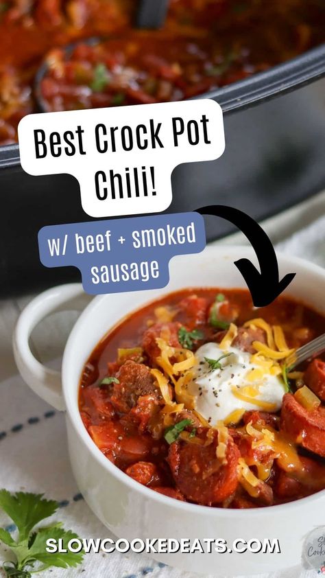 You’ll love this savory, chunky, hearty crock pot chili with beef stew meat and kielbasa. It’s loaded with beans and veggies cooked low and slow all day, resulting in a warm and appetizing chili with the perfect balance of savory, tangy, salty, and spiciness. Chili With Kielbasa, Sausage Chilli Recipes, Chili With Smoked Sausage, Chili With Andouille Sausage, Chili With Beef And Sausage, Spicy Chili Recipe Crockpot, Beef And Sausage Chili Recipe, Kielbasa Chili, Chili With Sausage