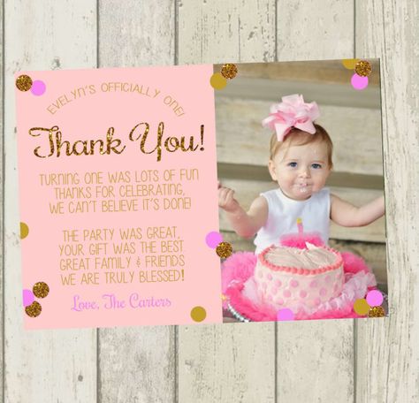 First Birthday Thank You Card Pink & Gold by TwistedSisterShop Birthday Theme Colors, Thank You Card Wording, Pink Gold Birthday, Cake Smash Pictures, Birthday Thank You Cards, Gold Birthday Party, Cowboy Birthday, Pink Invitations, Gold Birthday