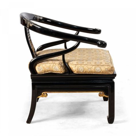 PAIR of Mid-Century Chinese Regency-style ebonized Armchairs with gilt ornamentation (in the style of JAMES MONT)  Condition: (Some wear and fraying to the upholstery.)  Materials: wood,ebony,fabric,ebonized,carved Modern Chinese Sofa, Modern Chinese Chair, Art Nouveau Furniture Accent Chairs, Art Deco Leather Armchair, James Mont, Moroccan Lounge, Chinese Bronze, Charles Rennie Mackintosh, Style Lounge