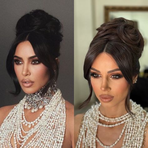 Kim Kardashian Hairstyles Bun, Big Bun Updo, Side Part Bridal Updo, Hollywood Glamour Hair Updo, Up Dos For Medium Hair With Bangs, Barbie Updo Hairstyle, Hollywood Hair Updo, Kim K Updo Hairstyles, Kim Kardashian Updo Hairstyles