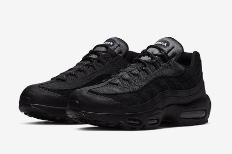 The Essential rendition of the Nike Air Max 95 will soon be arriving in a “Triple Black” colorway.This offering features a fully Black upper constructed in a mix of mesh, suede, and leather. White “Air Max” branding lands on the tongues with Nike Air insoles completed with solid Black rubber soles.#nikeairmax95 Airmax 95, Nike Airmax 95, Air Max 90 Premium, Nike Models, Mens Athletic Shoes, Mens Nike Air, Nike Air Max 95, Air Max 95, Triple Black