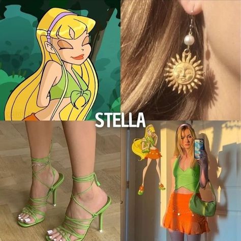 Stella Halloween Costume, Winks Club Aesthetic, Stella Winx Club Costume, Stella Winx Club Outfit, Winx Club Inspired Outfits, Stella Costume, Winx Club Outfits, Stella Aesthetic, Winx Fashion