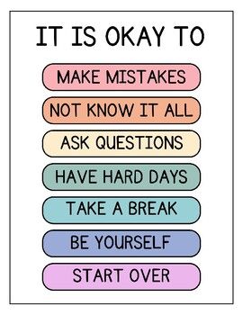 Normalize making mistakes, not knowing it all, asking questions, having hard days, taking a break, being yourself, and starting over. Hang this poster up to make your classroom look welcoming and remind your students that it's okay to have hard days! Ideal for your calm down corner or any spot in your classroom, its an invaluable tool for promoting emotional well-being. Enhance your classroom environment with this must-have resource!Interested in more Calm Corner Posters?"Triangle Breathing" pos Quiet Corners In Classroom, Classroom Safe Space Ideas, Classroom Educational Posters, English Classroom Quotes, Positive Poster Ideas, Calm Down Corner Posters, Inspirational Classroom Decor, Teacher Posters For Classroom, Classroom Decor Posters