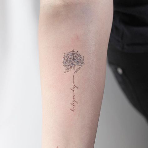 Hydrangea 💐 thank you Daniella! Hydrangea Tattoos, Hydrangea Tattoo, Gladiolus Tattoo, Dahlia Tattoo, Large Tattoos, Dainty Tattoos, Time Tattoos, Friend Tattoos, Little Tattoos