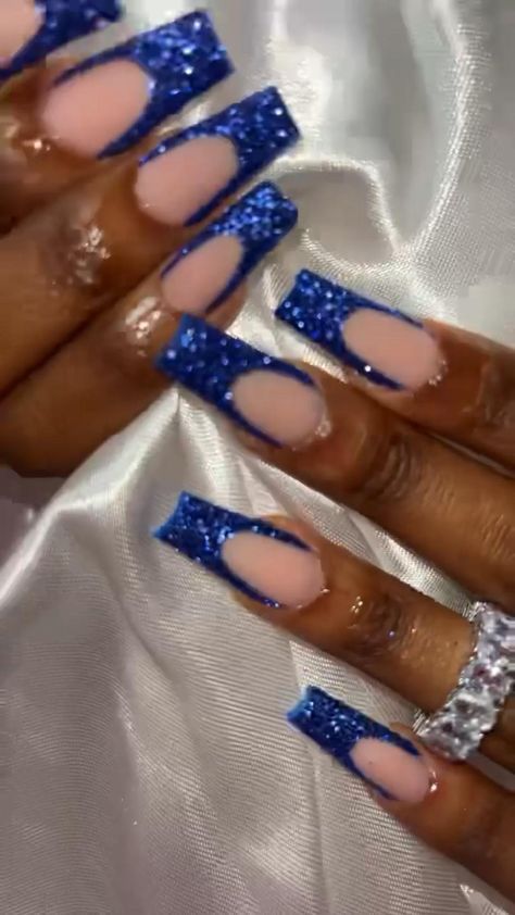 Royal Blue Prom Nails, Homecoming Nails White, Royal Blue Nails Designs, Blue Prom Nails, Blue And Silver Nails, Homecoming Nails Blue, Prom Nails Silver, Royal Blue Nails, Blue Glitter Nails