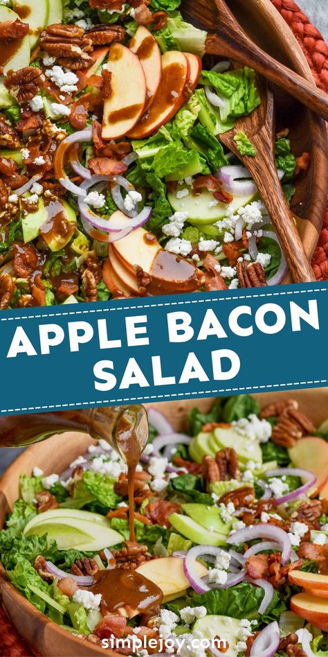 This amazing Apple Bacon Salad can be a meal all it's own. It is full of great flavor plus the crunch of apples and the irrisistable taste of bacon. Spinach Apple Bacon Salad, Turkey Bacon Salad, Apple Crunch Salad, Apple Salad Ideas, Lettuce Salad With Apples, Salad With Green Apples, Apple Recipes Salad, Autumn Apple Salad, Apple Lettuce Salad