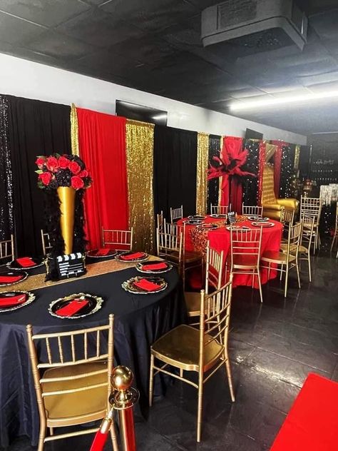 Red Black And Gold Sweet 16 Decorations, Met Gala Party Theme Ideas, Black Gold And Red Party Decorations, Adult Prom Theme Party Ideas, Players Ball Theme Party, Met Gala Prom Theme, Red And Black Theme, Red Banquet, 50th Birthday Centerpieces