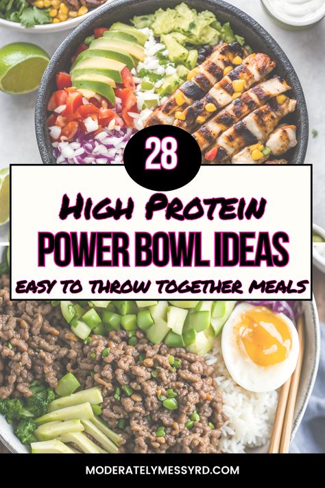 Learning the art of throwing together an easy power bowl that prioritizes protein can be a game-changer for busy nights! This post discusses how to do just that with 28 high protein bowl ideas that can be easily customized to your own preferences and lifestyle. Pair with ancient grains instead of rice and it's an easy way to increase overall fiber intake as well! Power Salad Bowl, Power Grain Bowls, Meal In A Bowl Recipes, Simple Grain Bowl, Cooking Light Power Bowls, Easy Power Bowl Recipe, Power Protein Bowl, Rice Power Bowls, Homemade Rice Bowls