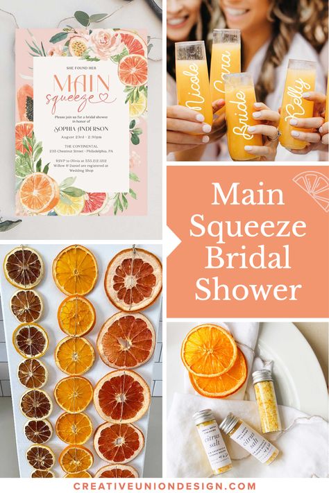 Fruit Wedding Shower Ideas, Citrus Hens Theme, Dried Fruit Bridal Shower Theme, Grapefruit Bridal Shower Theme, Citrus Tea Party, Bridal Shower Themes Orange, Main Squeeze Bridal Shower Citrus, Bridal Shower Ideas Citrus, Main Squeeze Backdrop