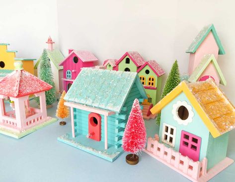 Studio DIY Inspired: Colorful Christmas Village - Artful Days Diy Birdhouse Christmas Village, Diy Painted Christmas Village Houses, Birdhouse Christmas Village, Wooden Christmas Village Houses, Diy Christmas Houses Village, Diy Christmas Houses, Colorful Christmas Village, Painted Christmas Village, Wooden Christmas Houses