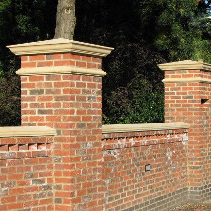 Pier Cap Supplier Wall Capping Ideas, Brick Wall Patio, Pier Caps, Front Garden Ideas Driveway, Brick Wall Gardens, Garden Ideas Driveway, Brick Pillars, Brick Driveway, Fence Wall Design