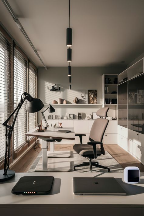 Modern home office with ergonomic chair, standing desk, and various tech gadgets. Kitchen Flooring Trends, Kitchen Tile Inspiration, Office Interior Ideas, Ensuite Bathroom Designs, Industrial Chic Kitchen, Rustic Industrial Kitchen, Compact Kitchen Design, Modern Bedroom Colors, Cozy Small Bedrooms