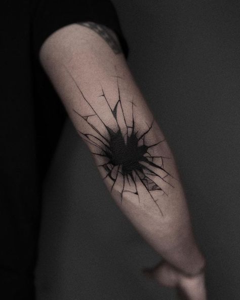 30+ Elbow Tattoos for Men To Show Your Artistic Side - 100 Tattoos Broken Glass Tatoos Ideas, Broken Glass Elbow Tat, Tattoo Cracks, Cracked Glass Tattoo, Pyro Tattoo, Elbow Tattoos For Men, Inside Elbow Tattoo, Glass Tattoo Ideas, Gengar Tattoo