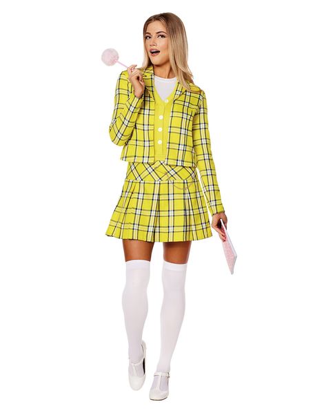 Take things back to the 90's this Halloween when you dress up in this officially licensed Cher Costume. Any fan of the movie Clueless will instantly recognize you while wearing this costume that comes included with a yellow dress, jacket, and tights just like in the film. You'll look straight out of Beverly Hills while wearing this Cher costume this Halloween! Officially licensed Includes: Dress Jacket Tights Long sleeves Material: Polyester Care: Spot clean Imported Yellow Dress Costume Ideas, 90s Diy Outfits Costume Ideas, Long Sleeve Halloween Costume Women, Clueless Yellow Outfit, Cher Costume Clueless, Cher And Dionne Costume, Woman Costumes Halloween, Iconic 90s Outfits Women, Movie Characters To Dress Up As