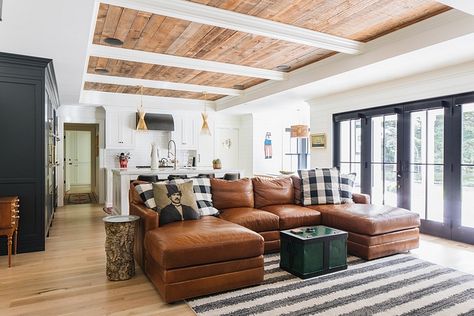 Maybe this type sofa for family room?  Like the reclaimed wood tray ceiling with beams. / Home Bunch Living Room Wood Ceiling, Tray Ceiling With Beams, Wood Tray Ceiling, Wood Ceiling Design, Ceiling With Beams, Ideas For Rooms, Decorative Ceiling Panels, Reclaimed Wood Ceiling, Reclaimed Wood Tray