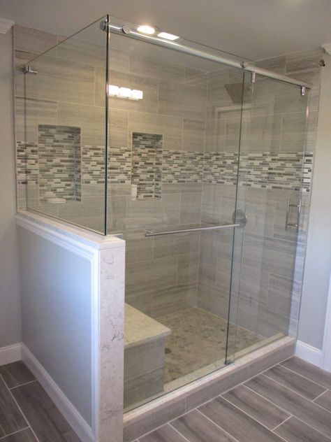 Barn Style Slider with Half Wall Sliding Glass Shower Door With Half Wall, Open Shower With Glass Wall, Glass For Shower Wall, Master Bath Shower Sliding Door, Glass Shower Sliding Door, Tempered Glass Shower Door, Glass Slider Shower Doors, Shower With Wall And Glass Door, Glass Shower Doors Sliding