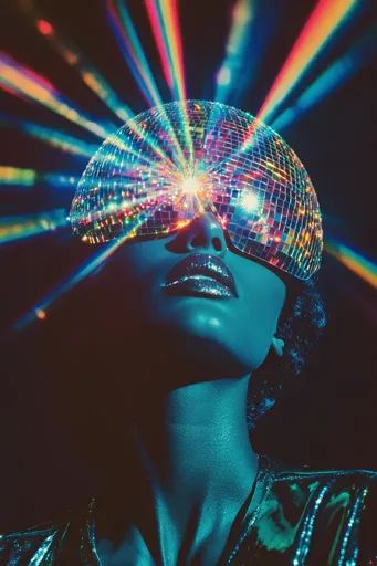 ↑↑↑ Larger size on website 🔸 A person is wearing a disco ball on their head, with their eyes covered by the shiny, mirrored surfa Disco Diva Makeup, Sparkly Disco Outfit, 80s Disco Aesthetic, Girl Dj Aesthetic, Futuristic Disco, Disco Ball Photoshoot, Disco Party Aesthetic, Electric Disco, Disco Ball Head