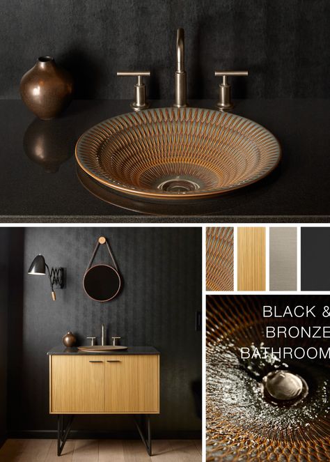 Daring and dramatic, this bathroom is the perfect showcase for our new Artist Editions sink pattern and glaze. Black And Bronze Bathroom, Bathroom Heater, Kohler Toilet, Black Houses, Bold Kitchen, Temple Design For Home, Bronze Bathroom, Downstairs Toilet, Bathroom Themes