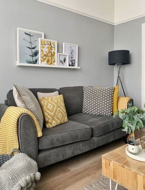 Gray Couches, Mustard Living Rooms, Grey And Yellow Living Room, Room Theater, Minimalist Living Room Decor, Living Room Decor Gray, Yellow Living Room, Living Room Color Schemes, Decor Home Living Room