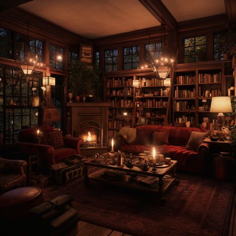 Dark Library Room Aesthetic, Fireplace Aesthetic Cozy Living Room, Hogwarts Aesthetic Living Room, Aesthetic Home Library Cozy, Cozy Common Room, Country Side Living Room, Cozy Library Living Room, Cozy Old Living Room, Cosy Games Room