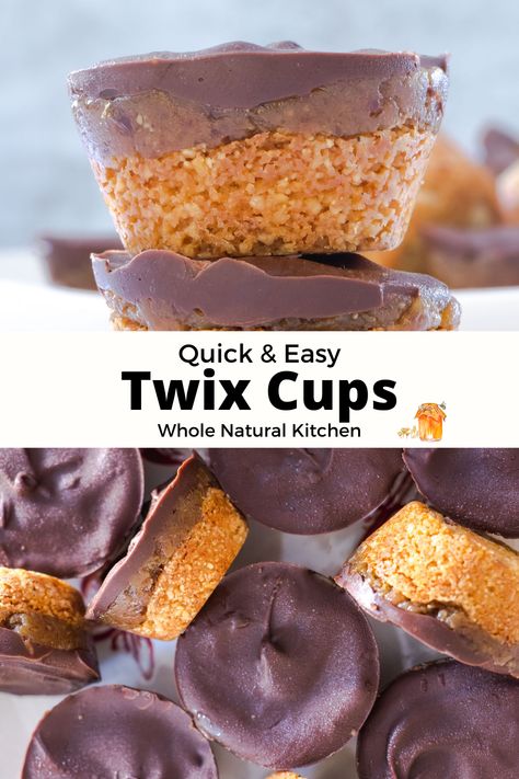 These delicious and wholesome Twix Cups have a cookie base, chewy caramel centre, and are topped with chocolate to finish. They’re quick and easy to make and gluten free too. The recipe can also be made dairy free very easily. #twix #desserts #healthysnack Gluten Free Twix Cookies, Twix Desserts, Twix Cups, Gluten Free Twix, Chewy Caramel, Caramel Filling, Twix Bar, Cookie Crunch, Cookie Base