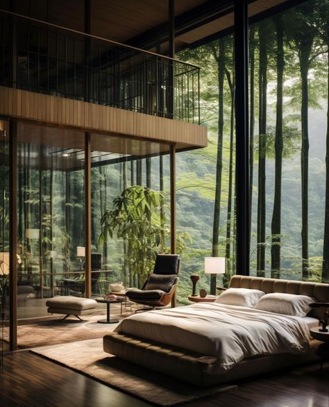 Villa In Forest, Forest Bedroom, Dream Villa, Steel Building Homes, Hotels In Paris, Woodland House, Zen Home Decor, Earthy Home, Mid Century Living