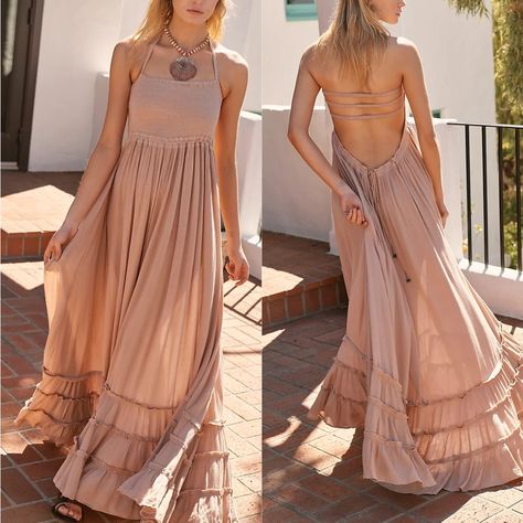 Free People Extratropical Maxi Dress Brown Xs Nwt, Perfect Condition Brown Tan Color Extra Small Flowy Brown Maxi Dress With Ruffles, Formal Brown V-neck Maxi Dress, Brown V-neck Beach Dress, Beach Brown Boho V-neck Dress, Black Halter Maxi Dress, Rustic Bridesmaid Dresses, Brown Bohemian V-neck Maxi Dress, Bridesmaid Dresses Boho, Sweater Maxi Dress