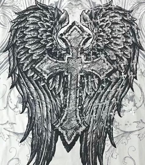 from the back of my affliction tee Affliction Background, Y2k Cross Pfp, Affliction Design Png, Affliction Design Graphics, Y2k Cross Wallpaper, Goth Icons Aesthetic, Affliction Design, Cybergoth Y2k, Cross With Wings