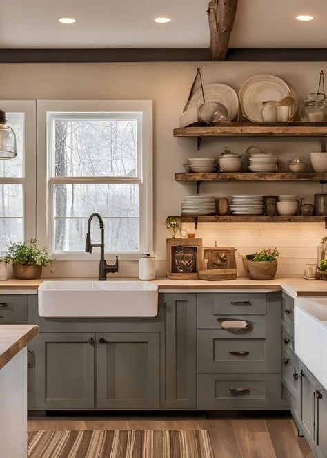 20 Modern Farmhouse Kitchen Ideas You’ll Love 6 Farmhouse Shaker Kitchen, Cottage Kitchen Window Ideas, Painted Farmhouse Kitchen Cabinets, Kitchen With Open Shelving And Cabinets Farmhouse, Organic Farmhouse Decor, Neutral Country Kitchen, Cottagecore Farmhouse Aesthetic, Green Cozy Kitchen, Farmhouse Kitchen With Color