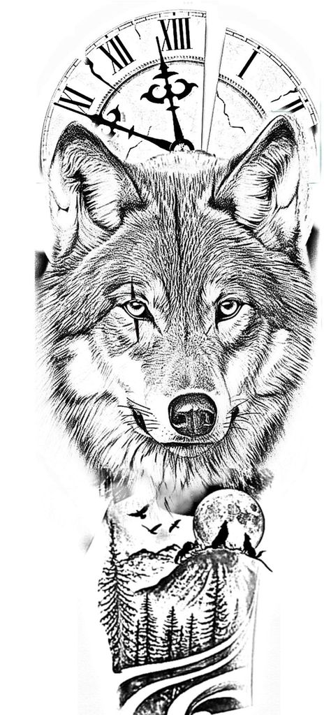 Wolf Tattoo Stencil Outline, Wolf And Clock Tattoo, Wolf Clock Tattoo, Wolf Tattoo Stencil Design, Wolf Tattoo Design Men, Wolf Tree Tattoo, Wolf Tattoo Design Sketches, Wolf Tattoo Outline, Wolf Arm Tattoo