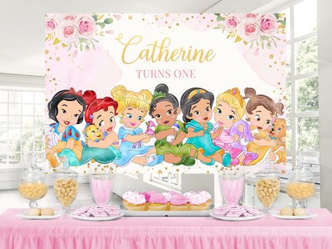 Princess Backdrop Ideas, Baby Princess Party, Disney Princess Theme Party, Princess Backdrop, Princess Backdrops, Princess Banner, Disney Princess Theme, Baby Disney Characters, Disney Princess Babies