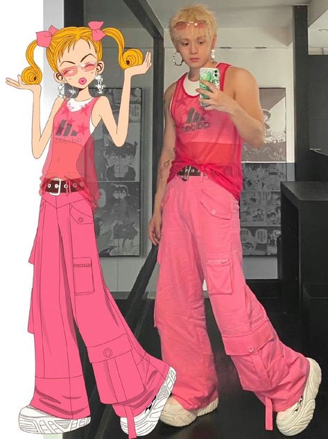 Men Fashion Y2k, Pink Aesthetic Men, Pink Masc Outfits, Hyperpop Outfit, Pink Outfits Men, Pink Outfit Men, Y2k Characters, Mode Harajuku, Queer Fashion