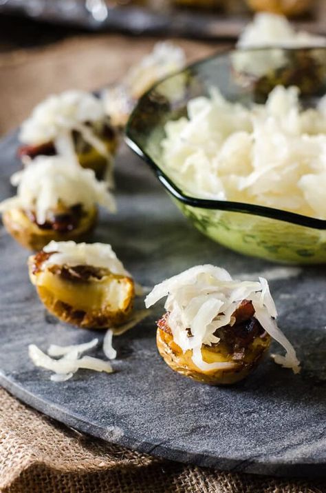 Fall and football season are almost here again, and these mini German Potato Skins can be found on the snack table! Super crispy baby potatoes covered in caramelized onions, beer-braised bratwurst, and a pile of sauerkraut make Game Day so much more delicious! Crispy Baby Potatoes, Oktoberfest Appetizer, Oktoberfest Recipes, German Appetizers, Fall And Football, Fall Party Food, Oktoberfest Food, German Potato, German Potatoes