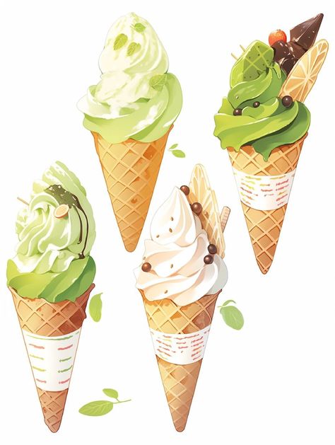 Watercolor Ice Cream Tutorial, Cute Dessert Drawings, Ice Cream Drawing, Dessert Drawing, Japanese Food Illustration, Ice Cream Illustration, Markers Drawing Ideas, Foodie Art, Food Sketch