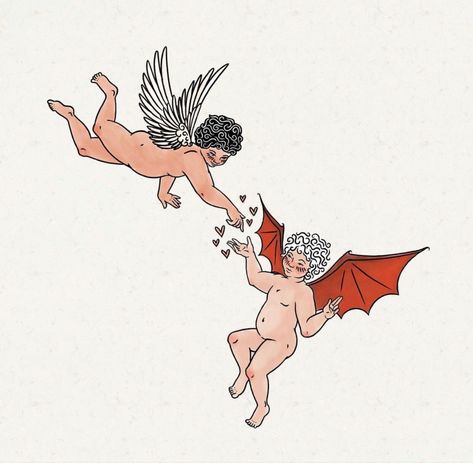 Cupids Tattoo, Angel And Devil Cherub Tattoo, Three Angels Tattoo Design, Angel And Devil Shoulder Tattoo, Matching Angel Tattoo, Devil Baby Tattoo, Baby Devil Tattoo, Devil Cherub Tattoo, Three Cherubs Tattoo