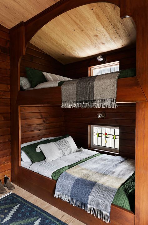 Cottage Bunkie, Cabin Bunk Room, Bunk Room Ideas, Matching Bedroom Set, Bunk Beds Built In, Green Comforter, Built In Bunks, Bunk Rooms, House Deck