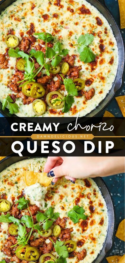 CREAMY CHORIZO QUESO DIP, game day, football party, appetizer recipes, snack ideas Creamy Chorizo Queso Dip, Tortilla Chip Appetizer Dip Recipes, Cheese Chorizo Dip, Dip Snack Ideas, Mexican Party Dip, Chorizo Cheese Dip Recipes, Dips To Eat With Tortilla Chips, Dinner Ideas With Chorizo, Chorizo Queso Dip Crockpot