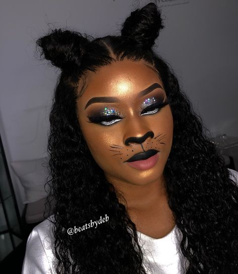 Such a cute Halloween look!❤️ #makeup #cat #halloweenmakeup   Follow @beatsbydeb on Instagram for more! Cat Look Makeup Halloween, Black Cat Make Up For Halloween, Cat Eye Make Up Black Women, Cat Makeup Black Women, Glam Cat Makeup Halloween, Black Woman Halloween Makeup, Halloween Makeup On Black Women, Cat Eye Makeup Look Black Women, Cat Woman Costume Black Woman