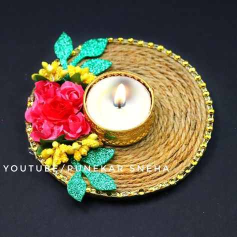 Diya Decoration For School Competition, Diyas Decoration Ideas Diwali, Cd Diya Decoration, Diya Decoration Ideas Home Decor, Diya Decoration Ideas For Competition, Diya Holders Diy, Thali Decoration Ideas For Diwali, Diwali Favors, Diya Decoration Ideas Creative