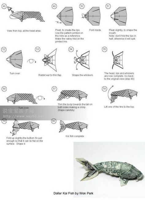 Easy! Dollar origami instructions - http://www.ikuzoorigami.com/easy-dollar-origami-instructions/ Koi Origami, Fish Origami, Origami Koi Fish, Easy Origami Flower, Dollar Origami, Paper Fish, Dollar Bill Origami, Koi Art, Origami Dragon