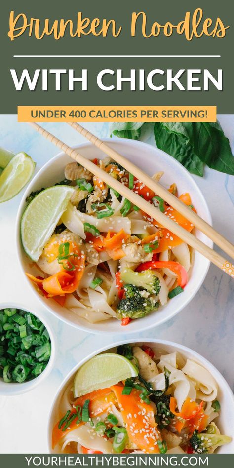 Pinterest pin of easy drunken noodle recipe. Easy Drunken Noodles, Easy Drunken Noodles Recipe, Drunken Noodles Recipe, Drunken Noodles, Noodle Recipe, Healthy Lunch Meal Prep, Light Meals, Fast Healthy Meals, Noodles Recipe