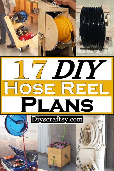 17 DIY Hose Reel Plans To Make Today Hose Reel Stand, Diy Hose Holder Planter, Wood Hose Holder, Home Made Hose Reel, Diy Garden Hose Reel Ideas, Garden Hose Storage Ideas Curb Appeal, Homemade Hose Reel, Diy Water Hose Reel, Air Hose Reel Mounting Ideas