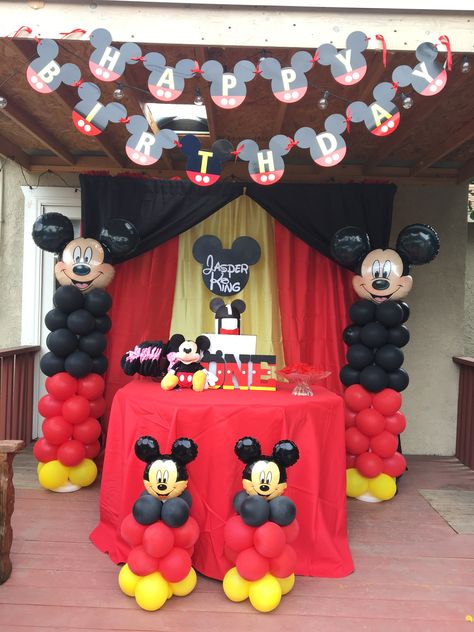 Mickey Mouse cake table backdrop decor @lalaspartycreations5 IG Birthday Decor Mickey Mouse, Birthday Decorations Mickey Mouse, Mickey Mouse Birthday Outside, Mickey Mouse Clubhouse Theme Party, Mickey Mouse 1st Birthday Backdrop, 1st Bday Mickey Mouse Theme, Mickey Birthday Backdrop, Mickey Themed Birthday Decoration, Mickey Mouse Birthday Decorations 1st